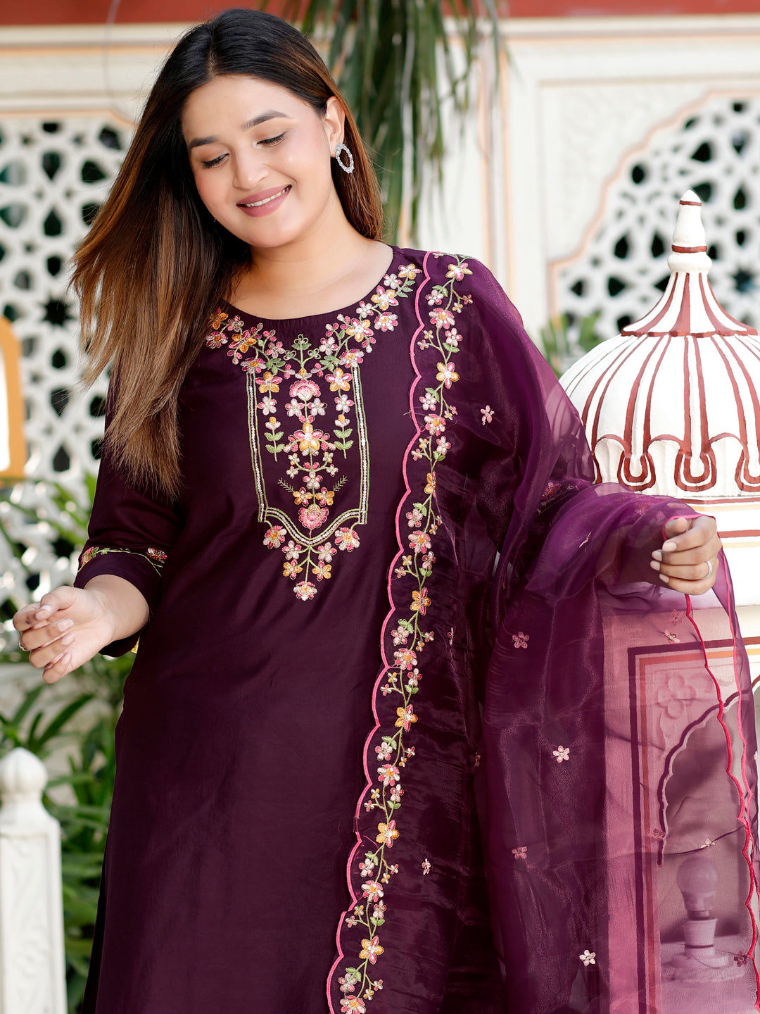 Sahiba Purple Women Floral Embroidered Regular Kurta with Trousers & With Dupatta - FitVibe Fashion