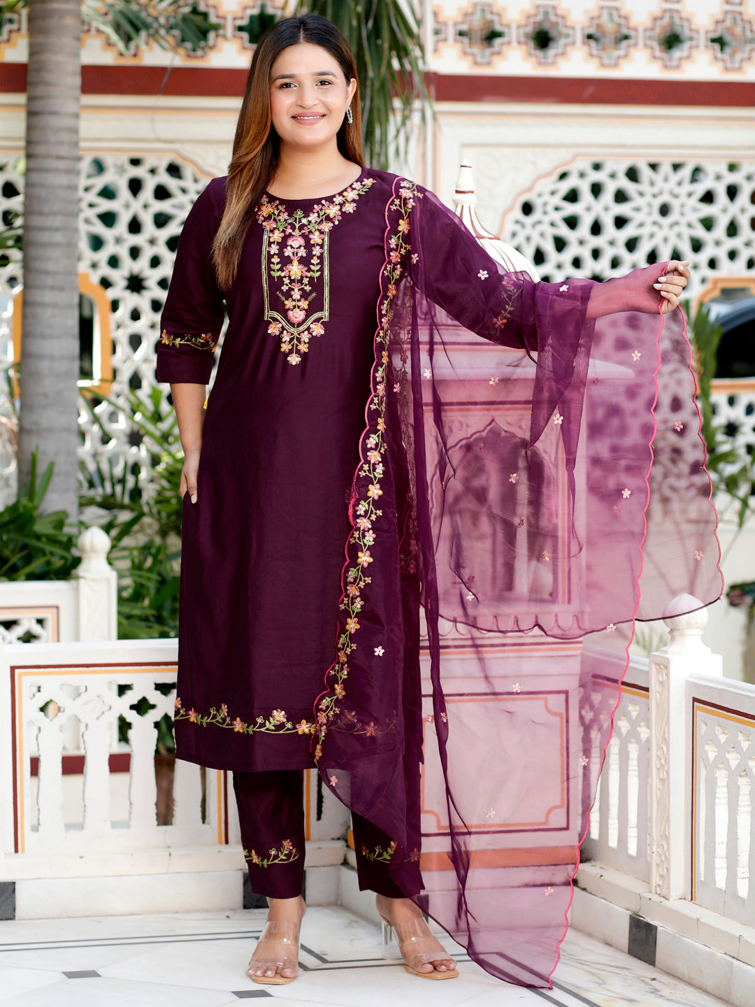 Sahiba Purple Women Floral Embroidered Regular Kurta with Trousers & With Dupatta - FitVibe Fashion
