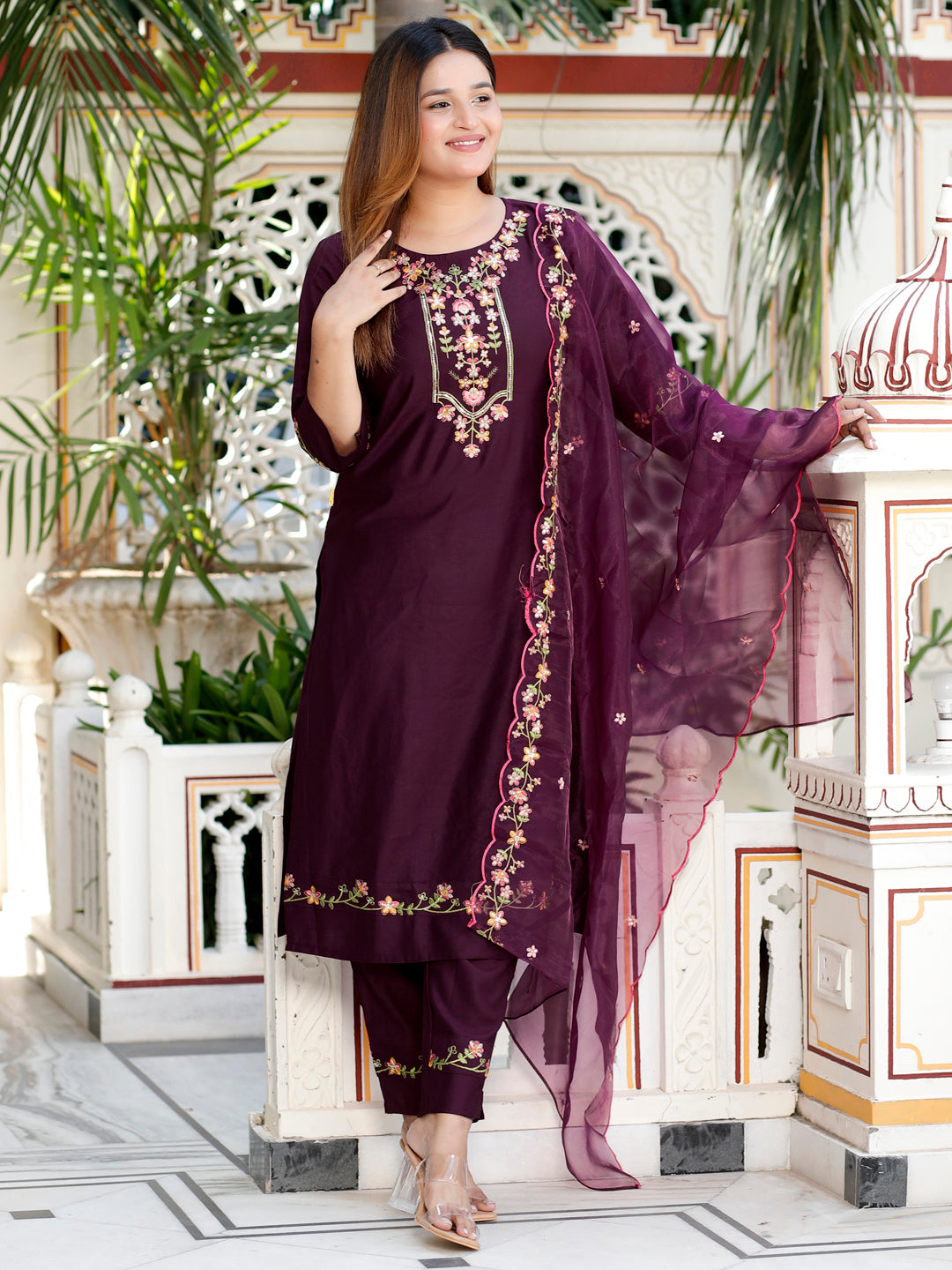 Sahiba Purple Women Floral Embroidered Regular Kurta with Trousers & With Dupatta - FitVibe Fashion