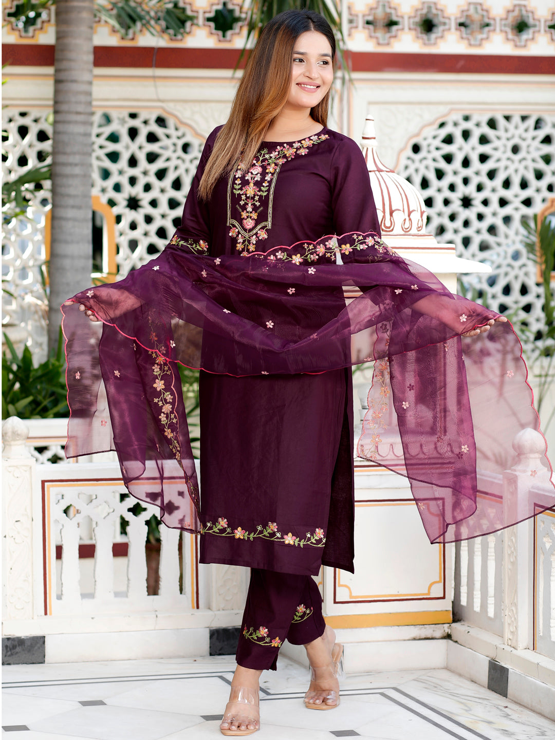 Sahiba Purple Women Floral Embroidered Regular Kurta with Trousers & With Dupatta - FitVibe Fashion