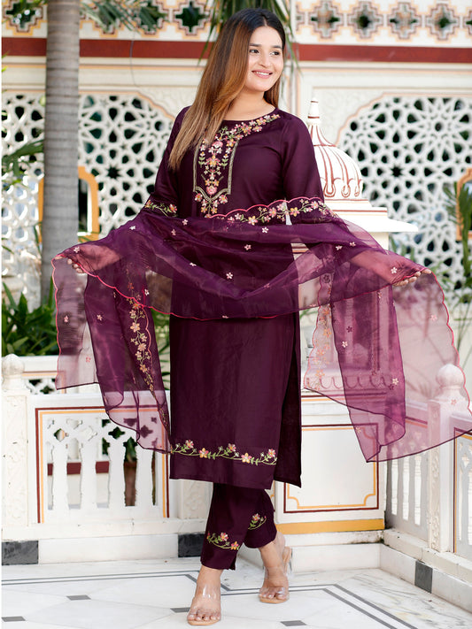 Sahiba Purple Women Floral Embroidered Regular Kurta with Trousers & With Dupatta - FitVibe Fashion