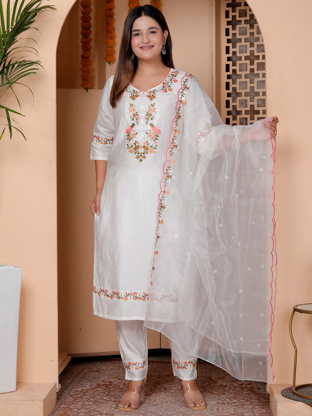 Pravya White Viscose Rayon Kurta with Trousers & Dupatta Suits - FitVibe Fashion