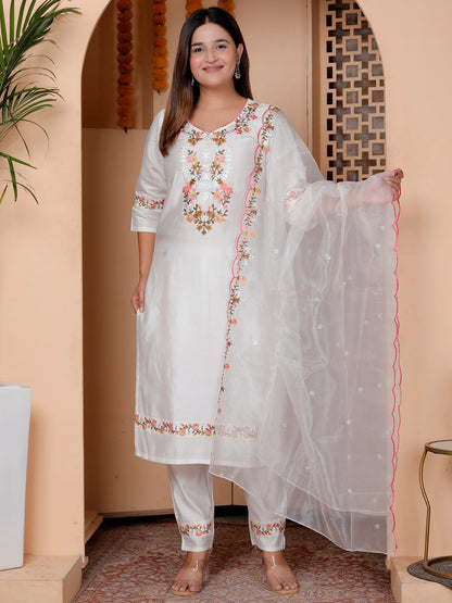 Pravya White Viscose Rayon Kurta with Trousers & Dupatta Suits - FitVibe Fashion