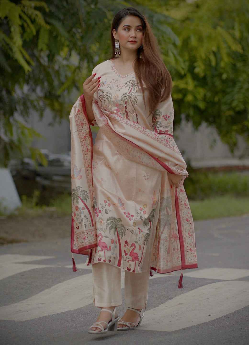 Ahika Printed Handwork Silk Straight Kurta With Trousers & Dupatta Sets