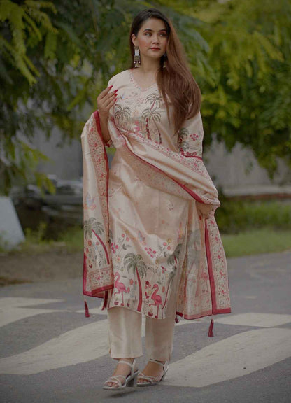 Ahika Printed Handwork Silk Straight Kurta With Trousers & Dupatta Sets