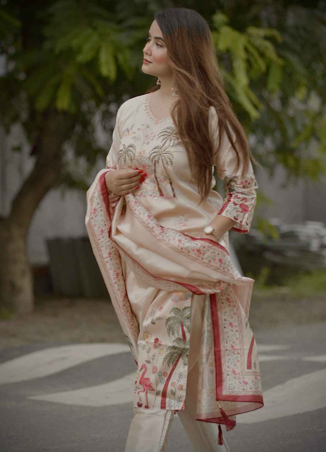 Ahika Printed Handwork Silk Straight Kurta With Trousers & Dupatta Sets