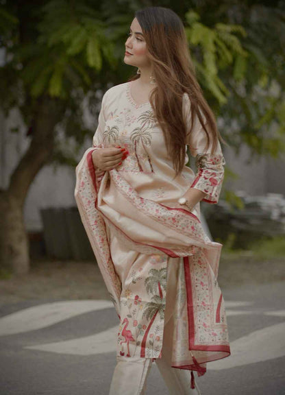 Ahika Printed Handwork Silk Straight Kurta With Trousers & Dupatta Sets