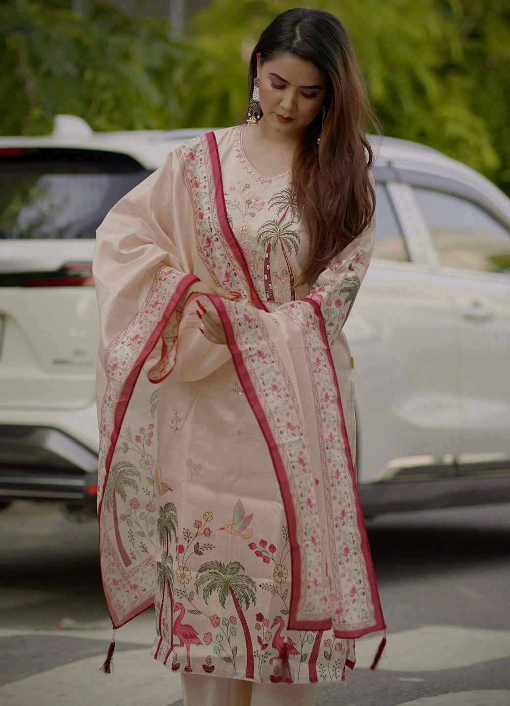 Ahika Printed Handwork Silk Straight Kurta With Trousers & Dupatta Sets