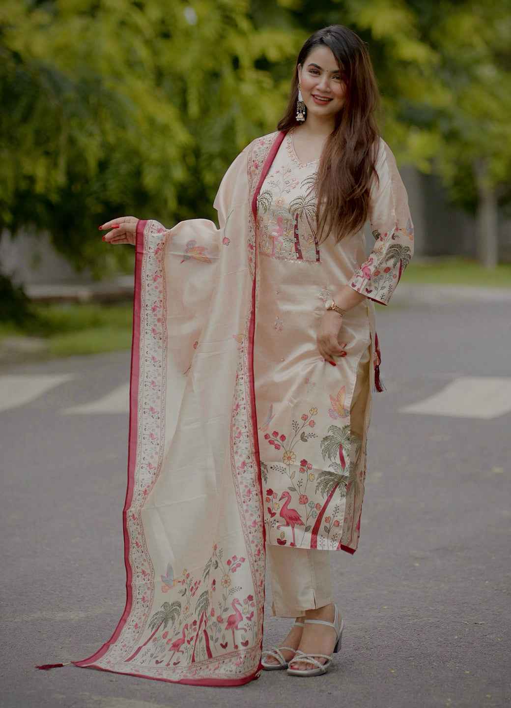 Ahika Printed Handwork Silk Straight Kurta With Trousers & Dupatta Sets