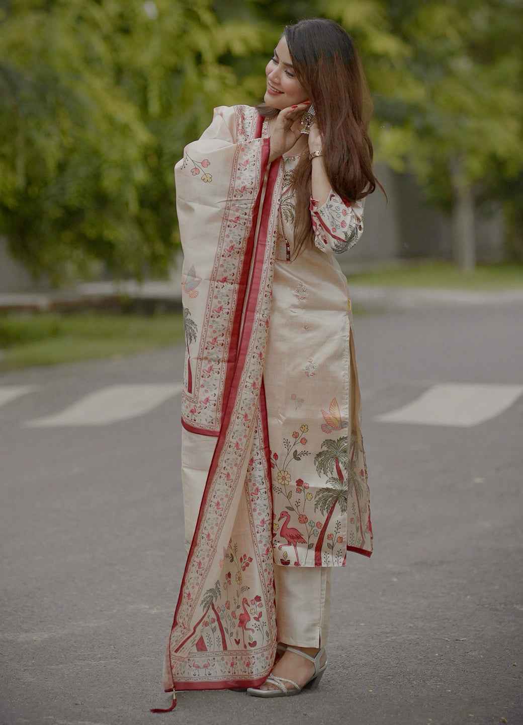 Ahika Printed Handwork Silk Straight Kurta With Trousers & Dupatta Sets