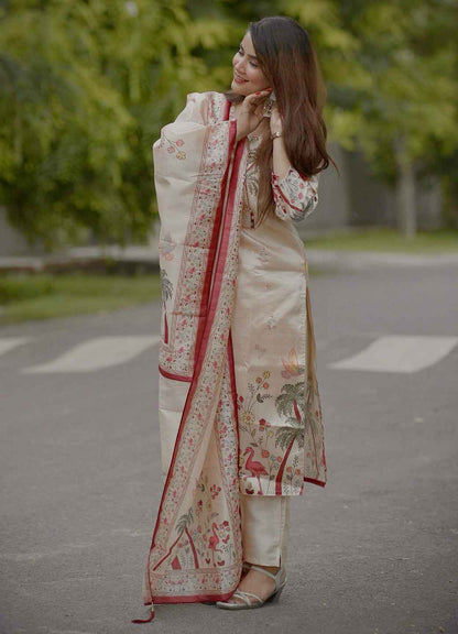 Ahika Printed Handwork Silk Straight Kurta With Trousers & Dupatta Sets