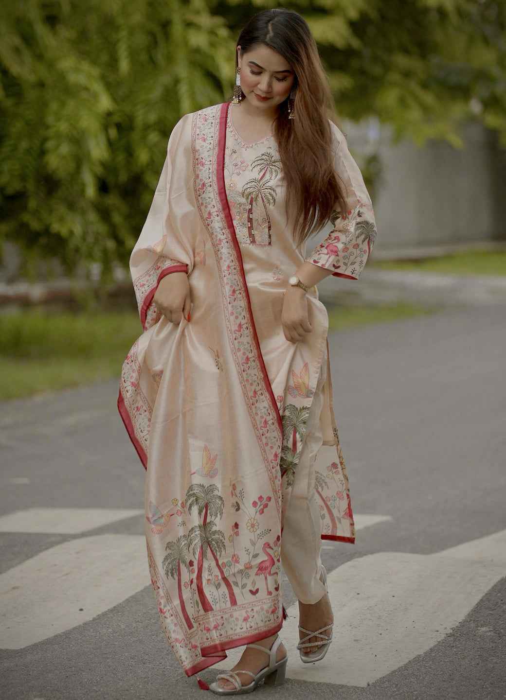 Ahika Printed Handwork Silk Straight Kurta With Trousers & Dupatta Sets