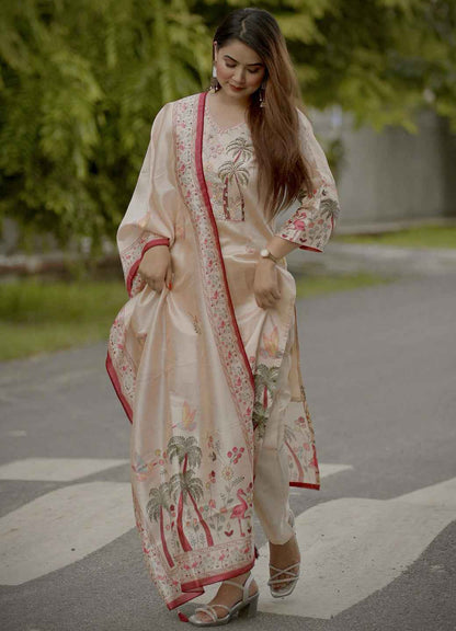Ahika Printed Handwork Silk Straight Kurta With Trousers & Dupatta Sets