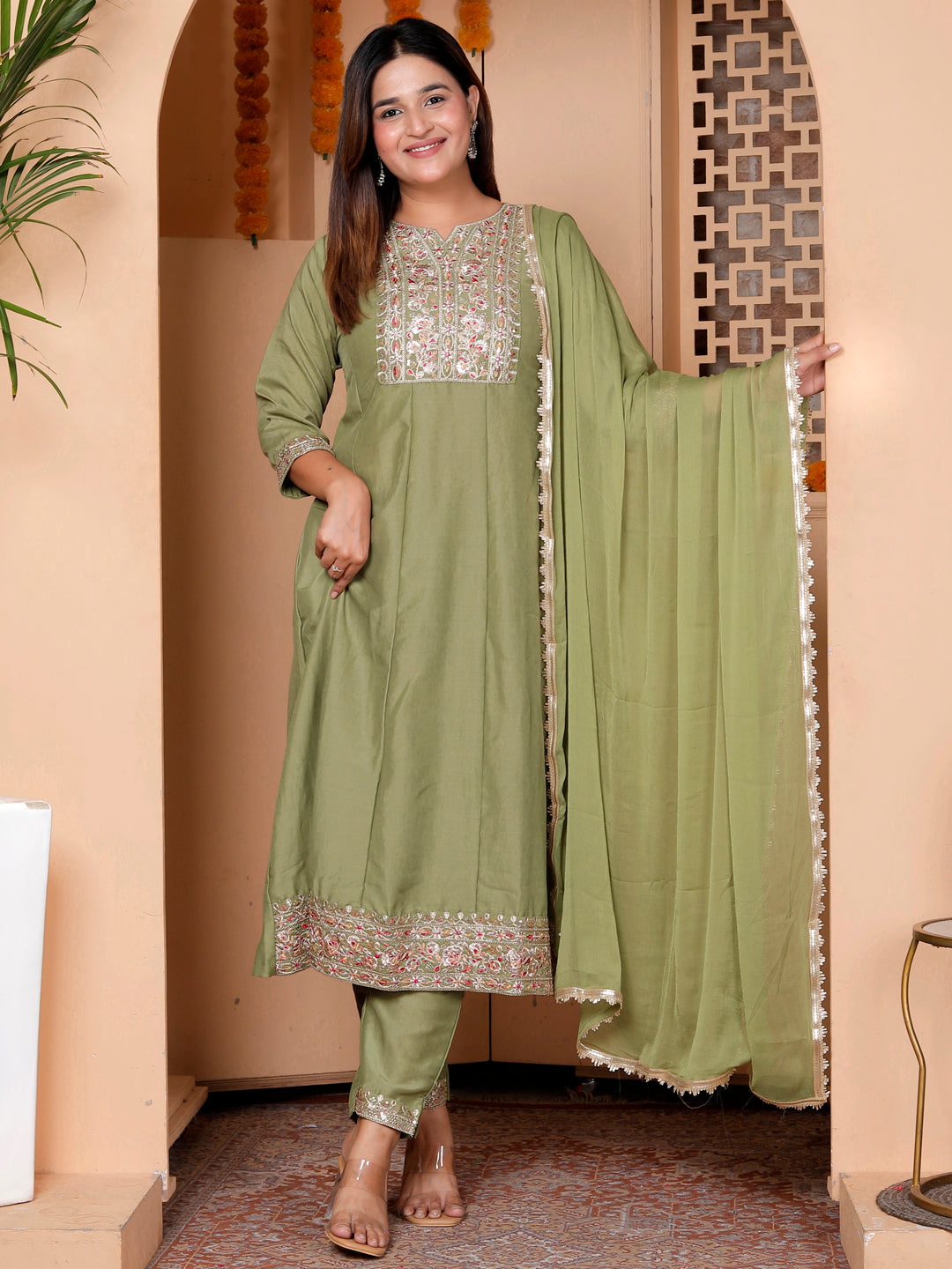 Rudrani Pista Silk Blend Kurta with Trousers & Dupatta Suits - FitVibe Fashion