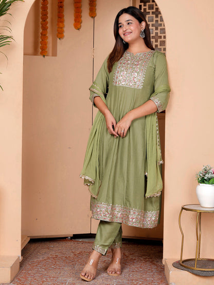 Rudrani Pista Silk Blend Kurta with Trousers & Dupatta Suits - FitVibe Fashion