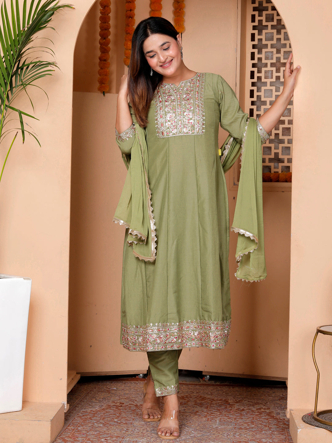 Rudrani Pista Silk Blend Kurta with Trousers & Dupatta Suits - FitVibe Fashion