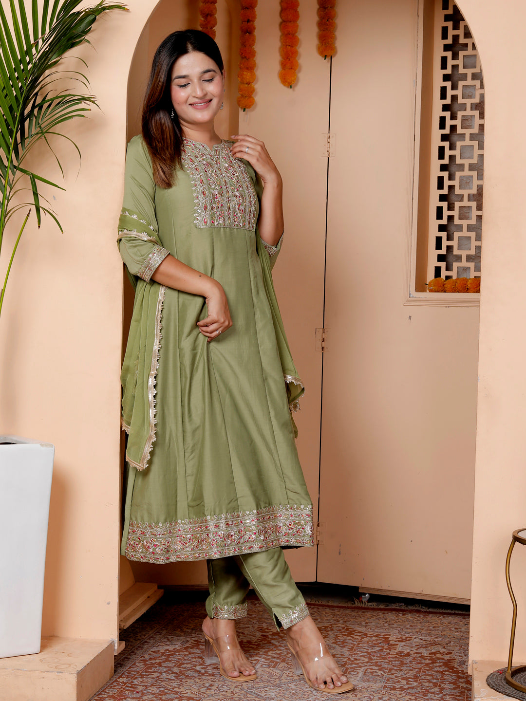 Rudrani Pista Silk Blend Kurta with Trousers & Dupatta Suits - FitVibe Fashion