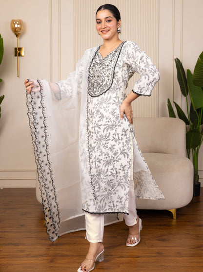 Vyomika Cream Silk Blend Kurta with Trousers & Dupatta Suits - FitVibe Fashion