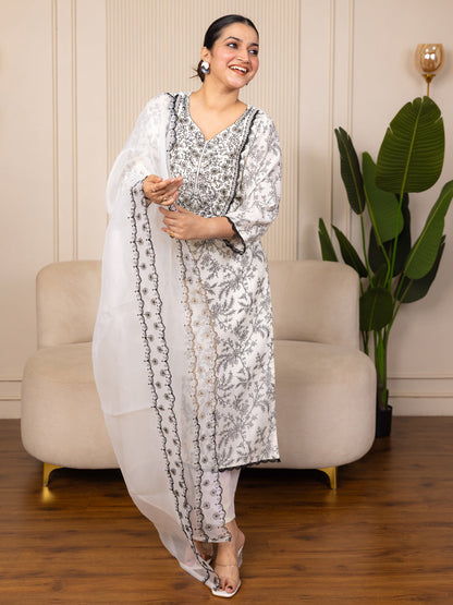 Vyomika Cream Silk Blend Kurta with Trousers & Dupatta Suits - FitVibe Fashion