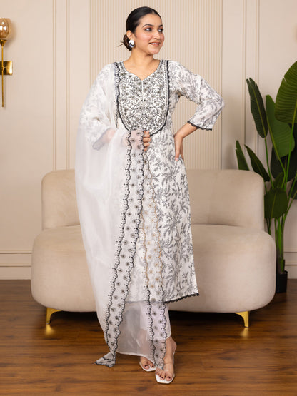 Vyomika Cream Silk Blend Kurta with Trousers & Dupatta Suits - FitVibe Fashion