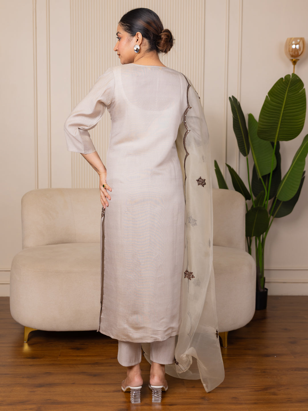 Vyonaa Grey Viscose Rayon Kurta with Trousers & Dupatta Suits - FitVibe Fashion
