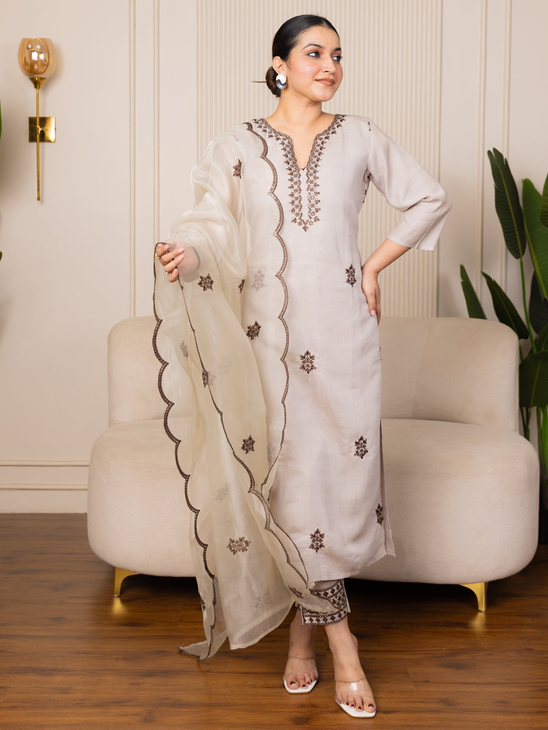 Vyonaa Grey Viscose Rayon Kurta with Trousers & Dupatta Suits - FitVibe Fashion