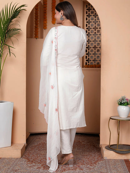 Zarvika White khadi cotton Kurta with Trousers & Dupatta Suits - FitVibe Fashion