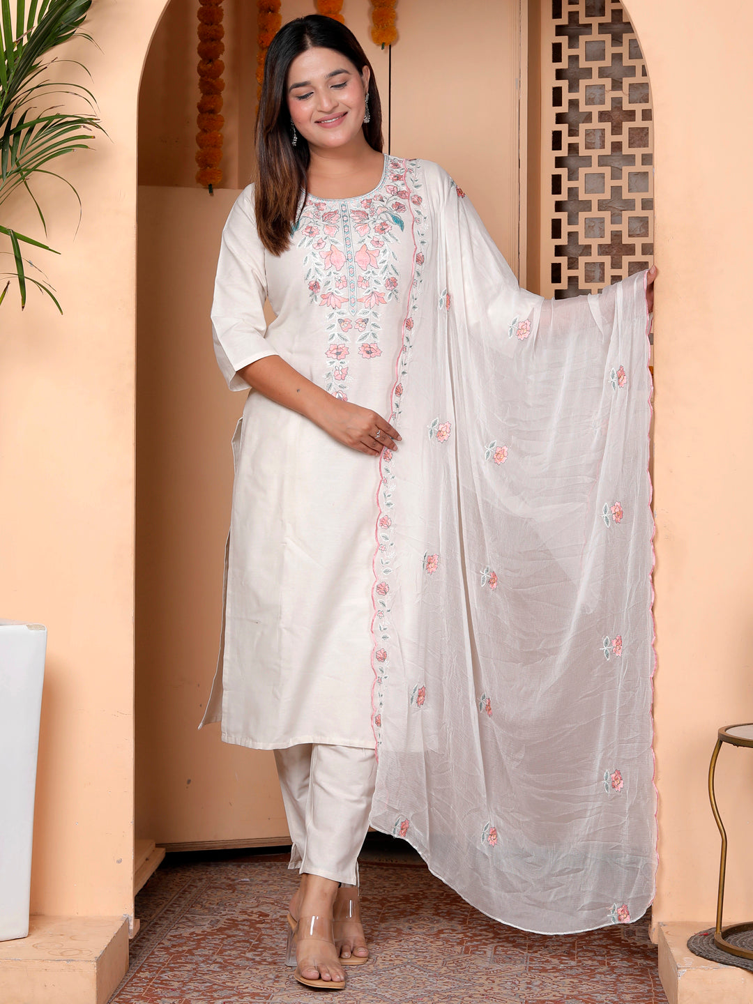 Zarvika White khadi cotton Kurta with Trousers & Dupatta Suits - FitVibe Fashion