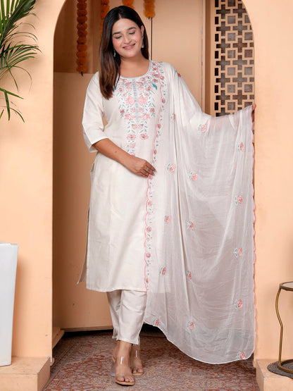 Zarvika White khadi cotton Kurta with Trousers & Dupatta Suits - FitVibe Fashion
