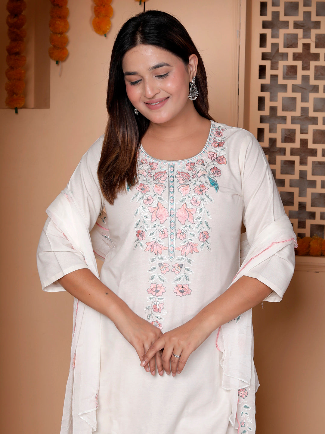 Zarvika White khadi cotton Kurta with Trousers & Dupatta Suits - FitVibe Fashion