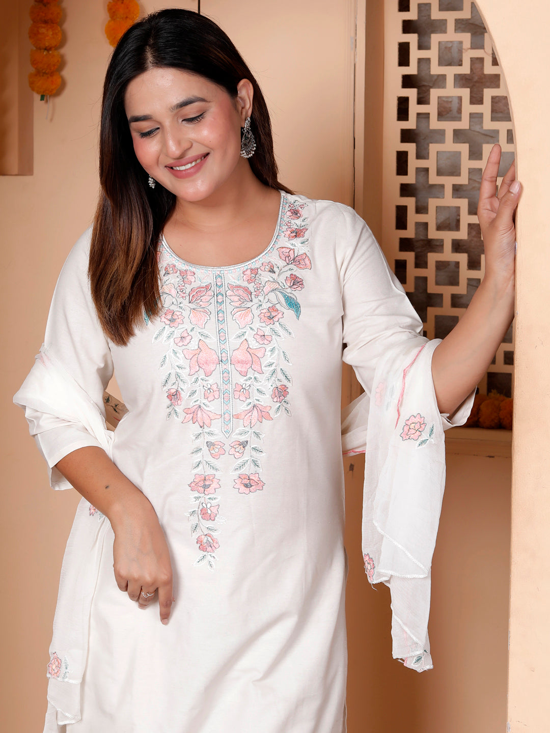 Zarvika White khadi cotton Kurta with Trousers & Dupatta Suits - FitVibe Fashion