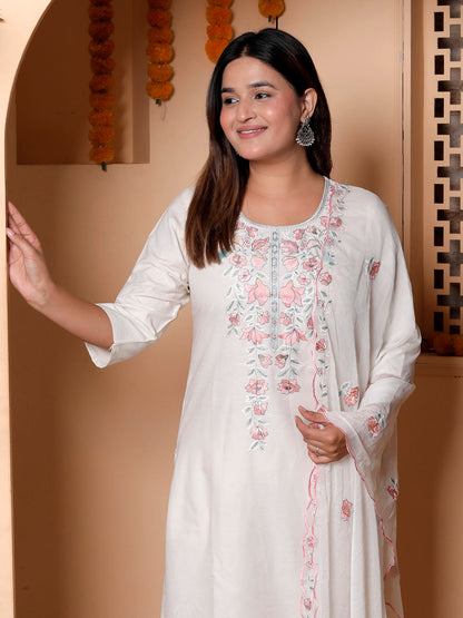 Zarvika White khadi cotton Kurta with Trousers & Dupatta Suits - FitVibe Fashion