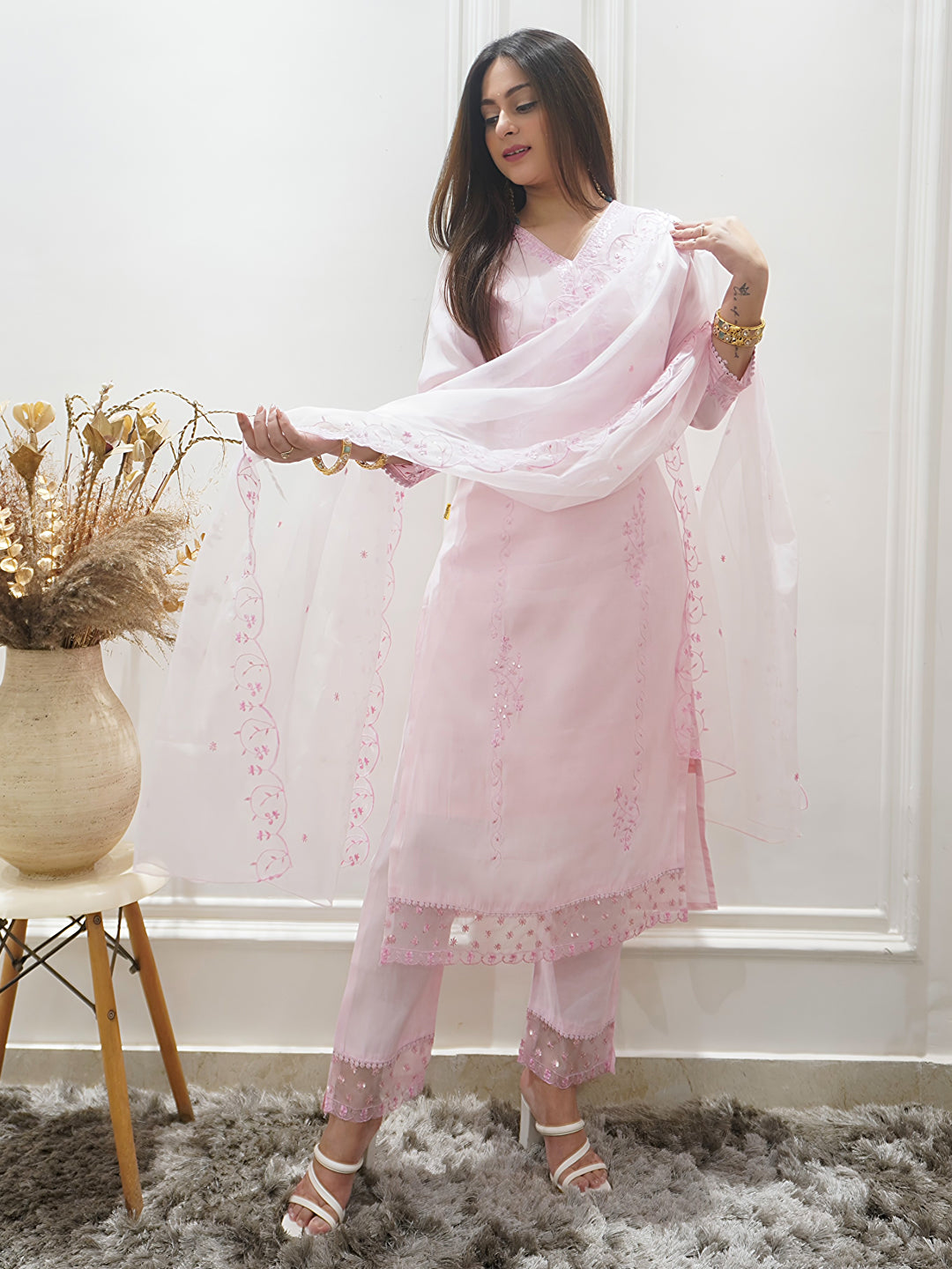 Swarnika Women's Viscose Roman Silk Kurta Set Ready to Wear Elegant Lightweight Soft Ethnic Outfit - FitVibe Fashion