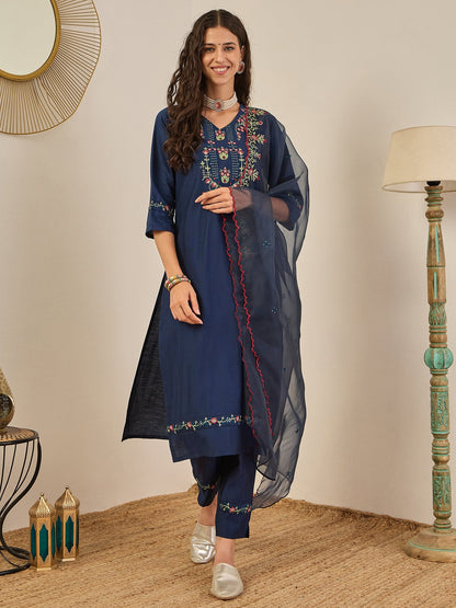 Mahima Teal Embroidered Viscose Blend Straight Suit With Dupatta - FitVibe Fashion