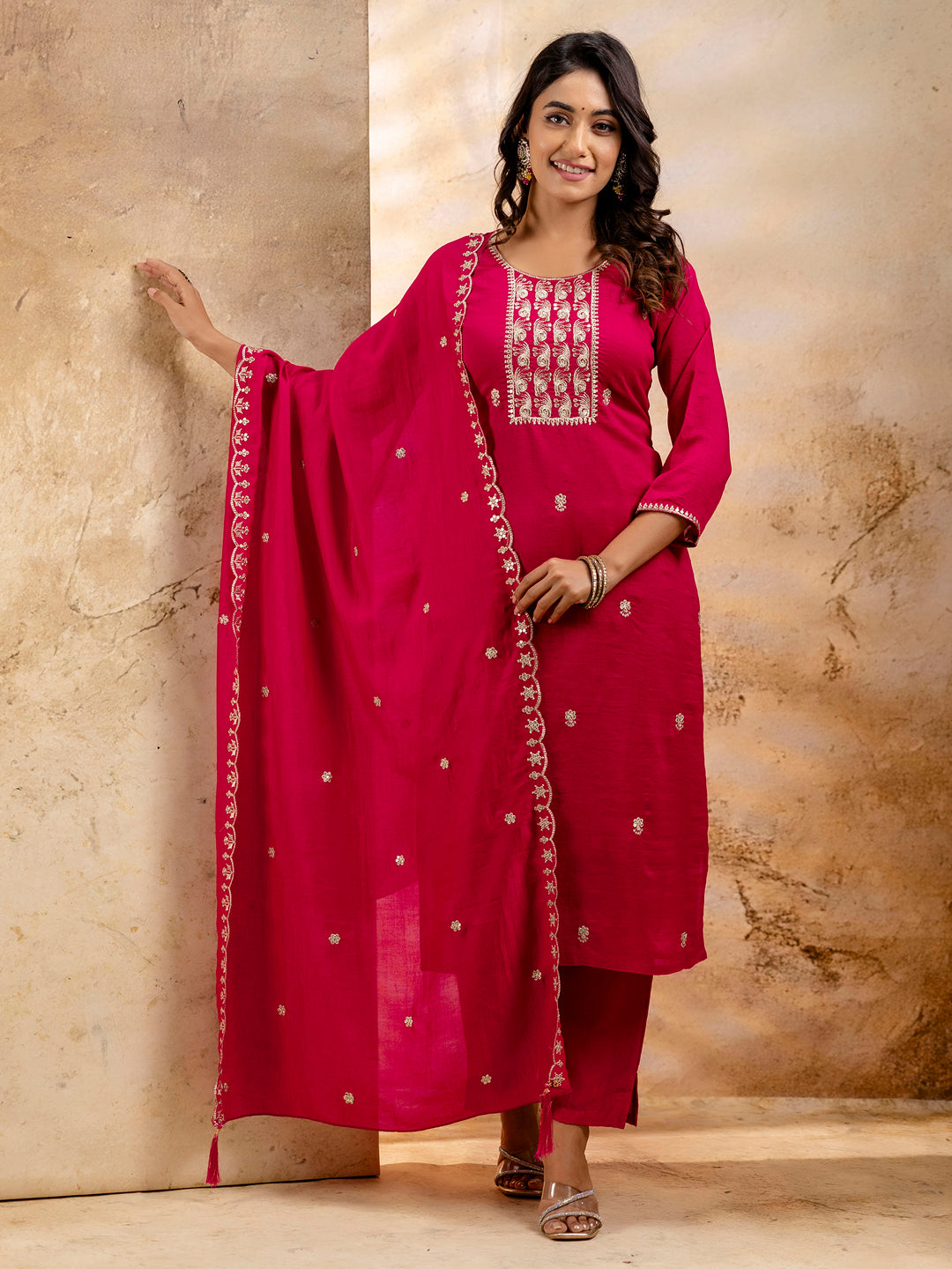 Women's Embroidered Silk Blend Kurta Pant Sets With Dupatta - FitVibe Fashion