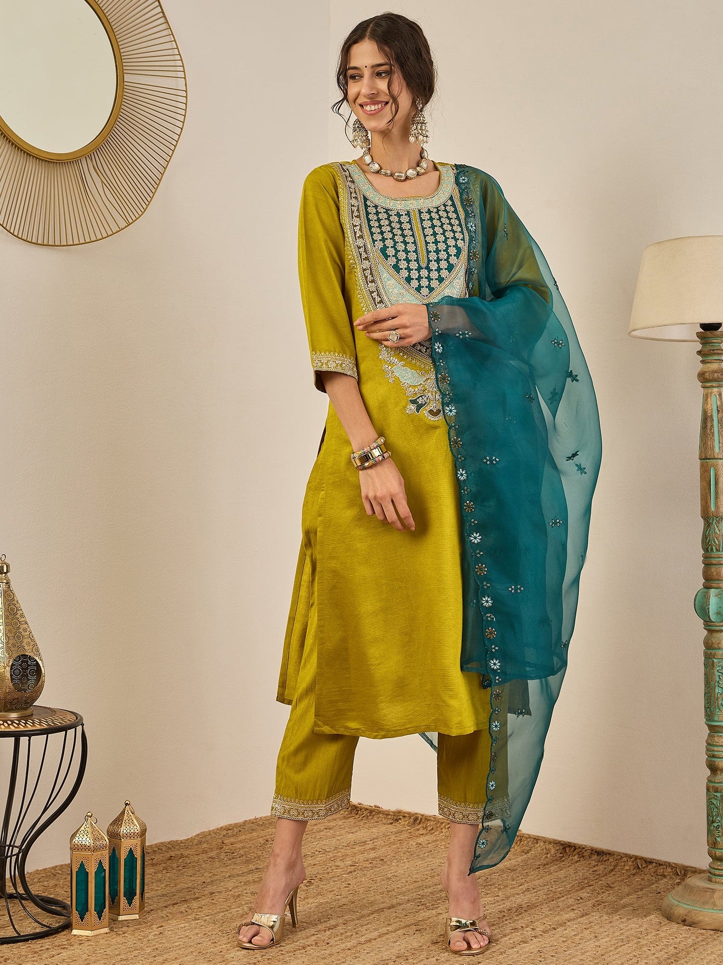 Tanirika Women's Embroidered Viscose Rayon Calf Length Straight Kurta Trouser with Dupatta Set - FitVibe Fashion