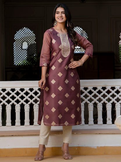 Women Embroidered Silk Blend Straight Kurta - FitVibe Fashion