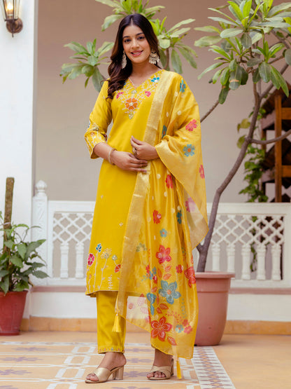 Nyra Floral Embroidered Hand Work Suits Yellow Kurta Pant Sets With Dupatta - FitVibe Fashion