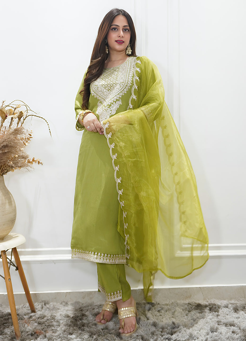 Saubhagyavati Pista Silk Blend Calf Length Embroidered Straight Suit Set - FitVibe Fashion