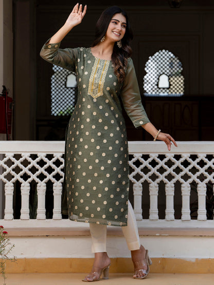 Women Embroidered Silk Blend Straight Kurta - FitVibe Fashion
