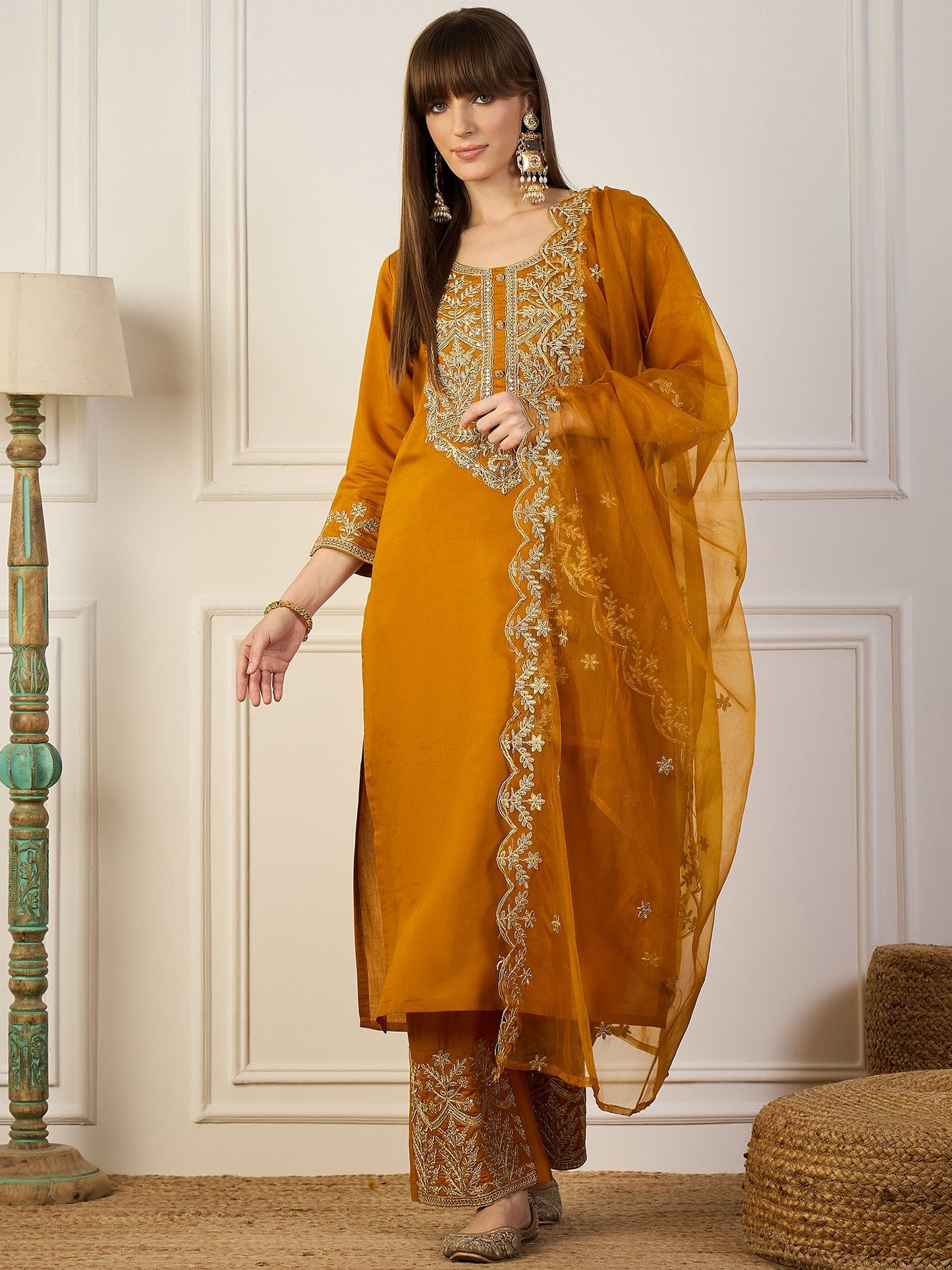 Heer Mustard Floral Embroidered Thread Work Kurta with Palazzo & Dupatta Suits - FitVibe Fashion