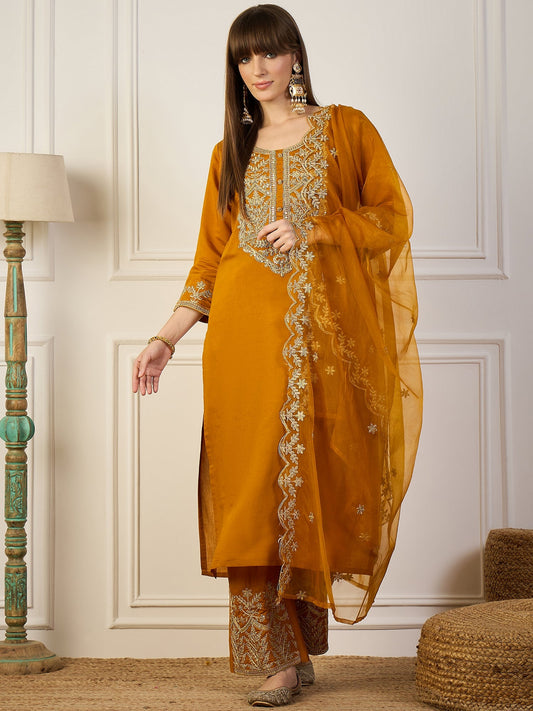 Heer Mustard Floral Embroidered Thread Work Kurta with Palazzo & Dupatta Suits - FitVibe Fashion