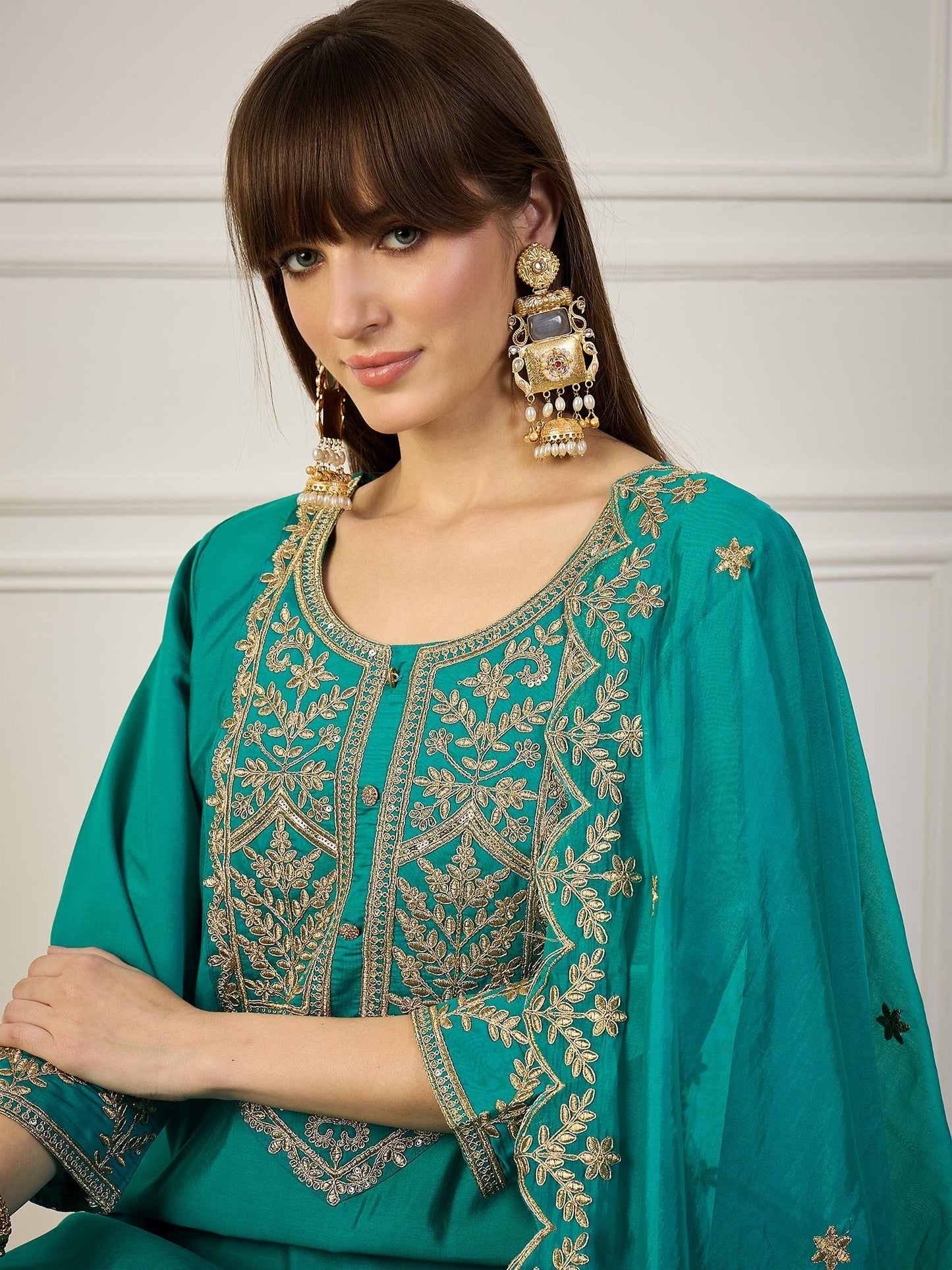 Heer Blue Floral Embroidered Thread Work Kurta with Palazzo & Dupatta Suits - FitVibe Fashion