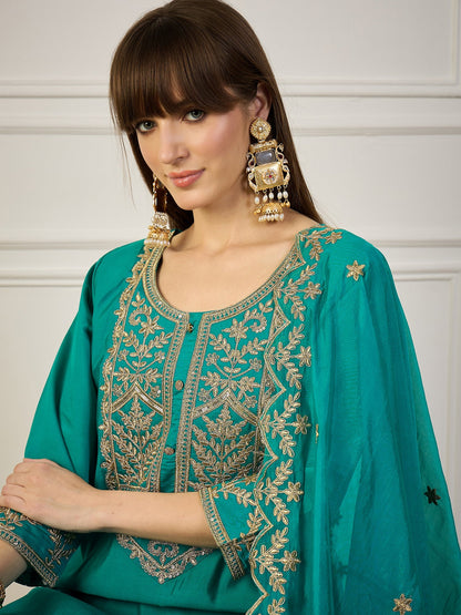 Heer Blue Floral Embroidered Thread Work Kurta with Palazzo & Dupatta Suits - FitVibe Fashion