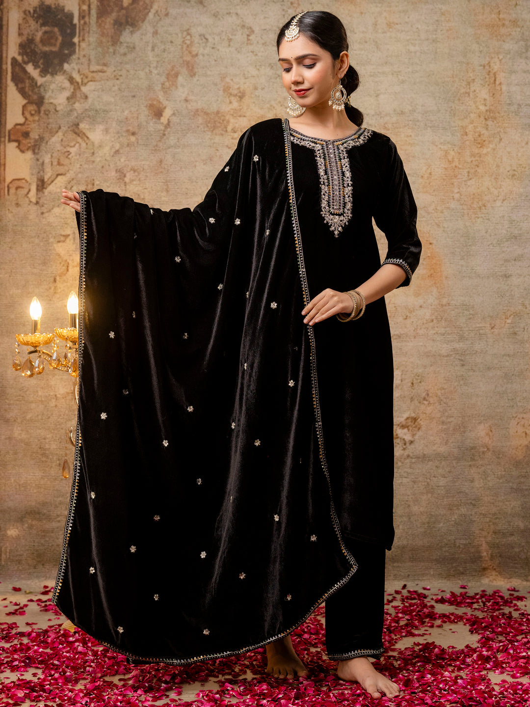 Women Velvet Kurta Pant Dupatta Set - FitVibe Fashion