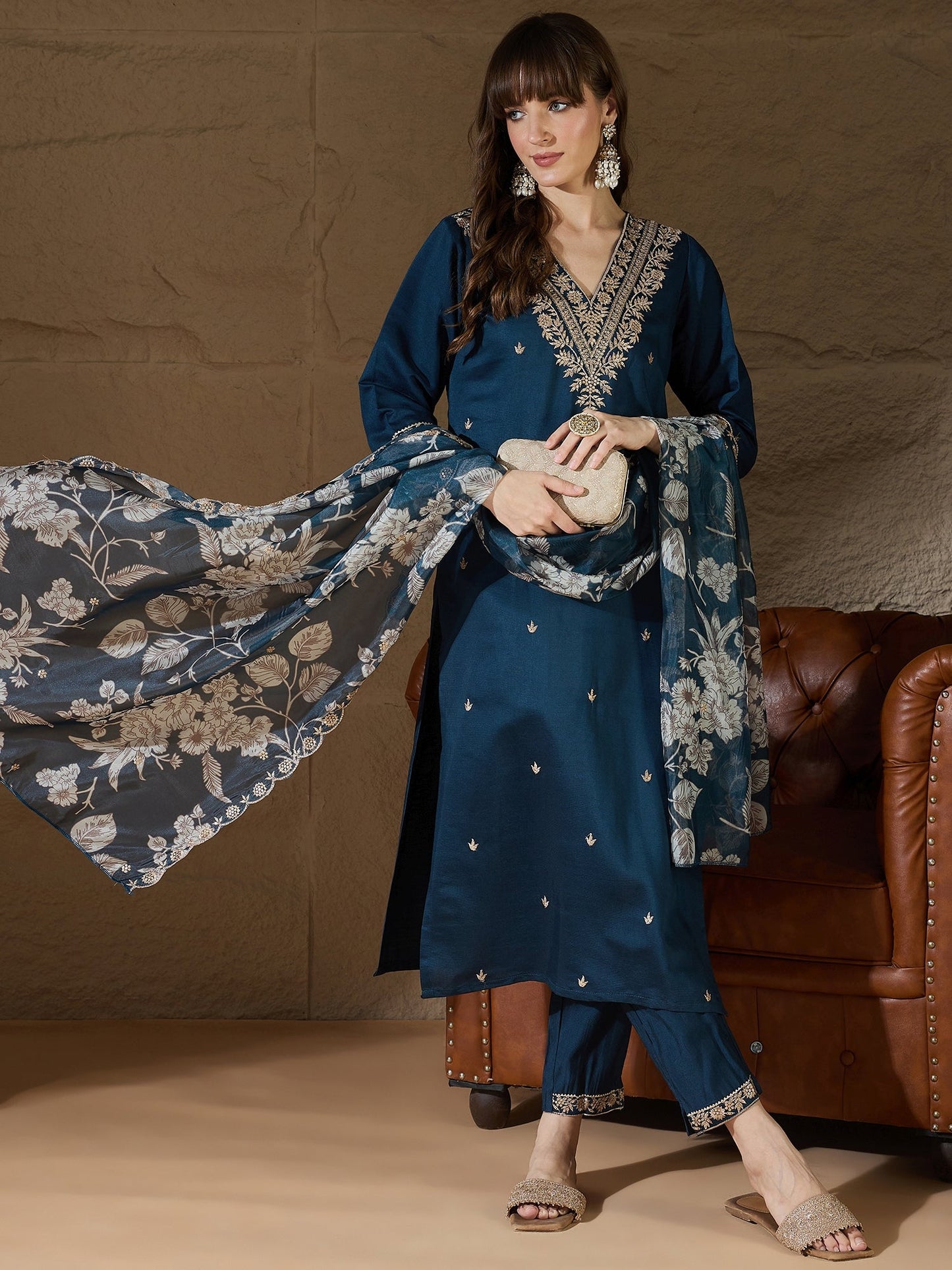 Chitra Charm Teal Yoke Design Silk Blend Straight Suit With Dupatta - FitVibe Fashion
