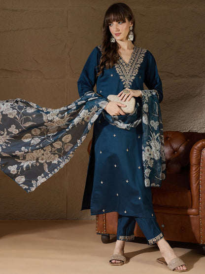 Chitra Charm Teal Yoke Design Silk Blend Straight Suit With Dupatta - FitVibe Fashion