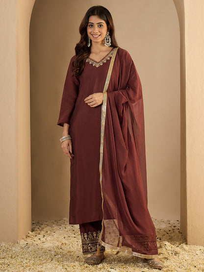 Pinaki Embroidered Silk Blend Calf Length Straight Kurta with Palazzo & Dupatta Set - FitVibe Fashion