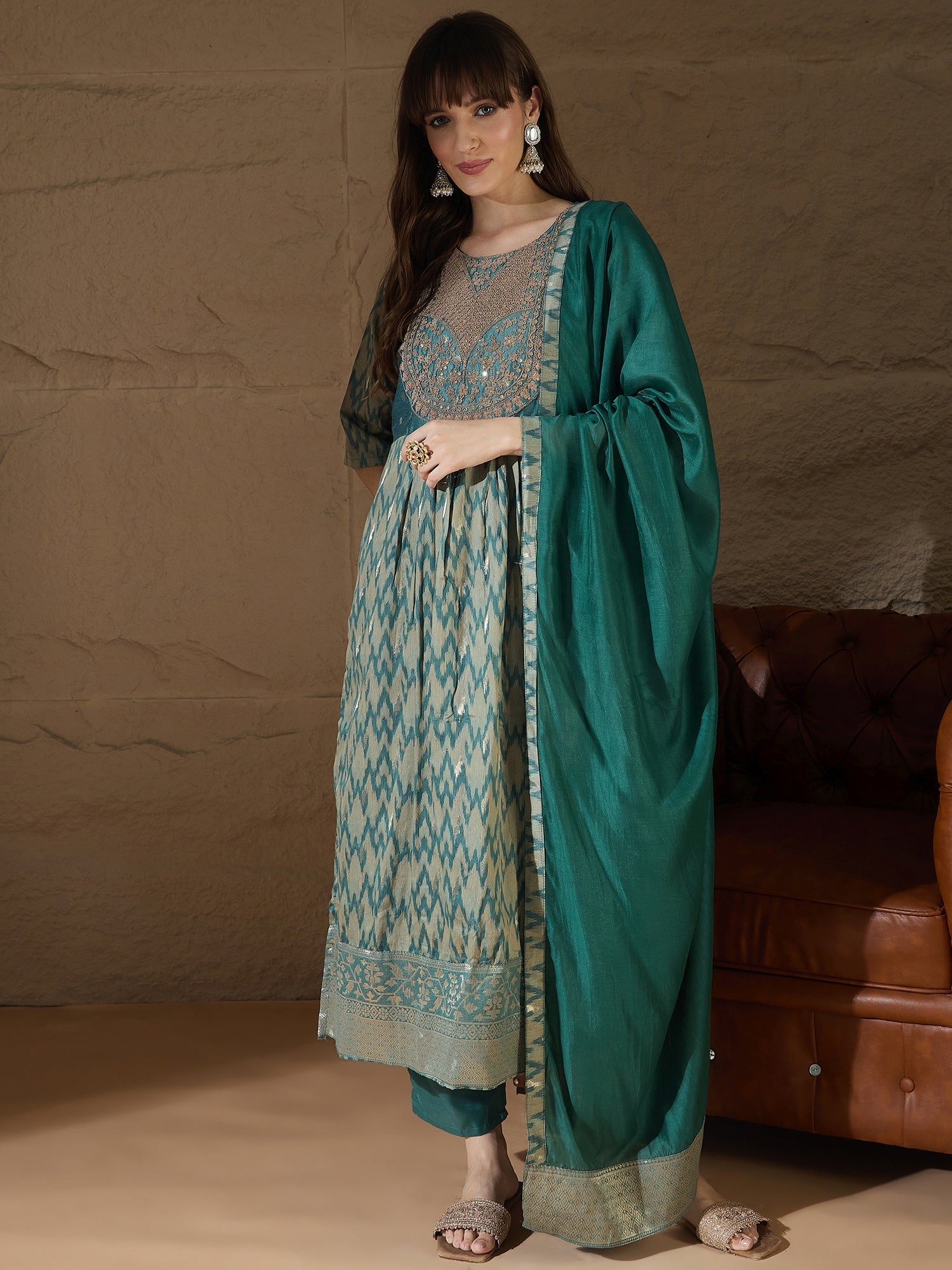 Saiyaara Light blue Cotton Silk Embellished Flared Suit Set - FitVibe Fashion