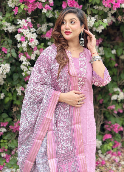 Lavanya Women's Embroidered Silk Blend Calf Length Straight Kurta Trouser with Dupatta Set - FitVibe Fashion